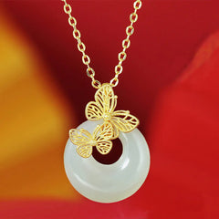 925 Sterling Silver Natural Jade Butterfly Prosperity Necklace Pendant