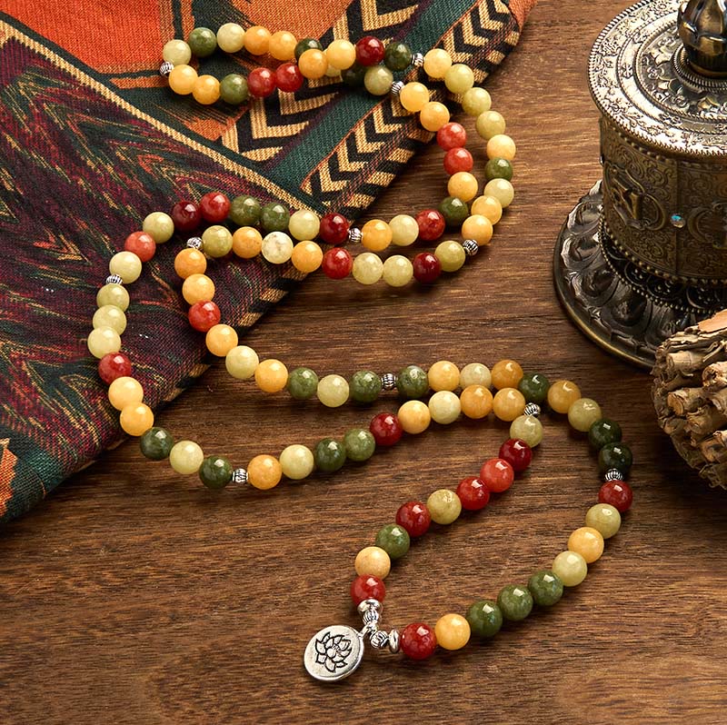 108 Mala Beads Natural Colored Stone Bracelet with Topaz, Red Jasper, Green Jasper and Lotus Design