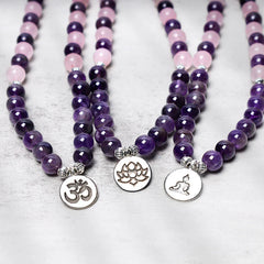 Renbeads Natural Rose Quartz & Amethyst Mala Bead Lotus Pendant Bracelet