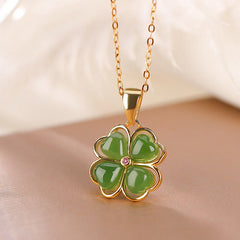 925 Sterling Silver Hetian Cyan Jade Four Leaf Clover Necklace Pendant