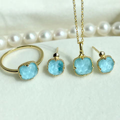 925 Sterling Silver Plated Gold Turquoise Protection Ring, Earrings, and Necklace Pendant Set