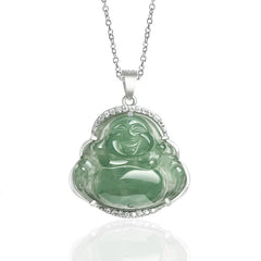 925 Sterling Silver Laughing Buddha Natural Jade Luck and Prosperity Necklace Pendant