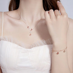 925 Sterling Silver Red Agate Tridacna Stone Butterfly Four Leaf Clover Calm Bracelet and Necklace Pendant Set