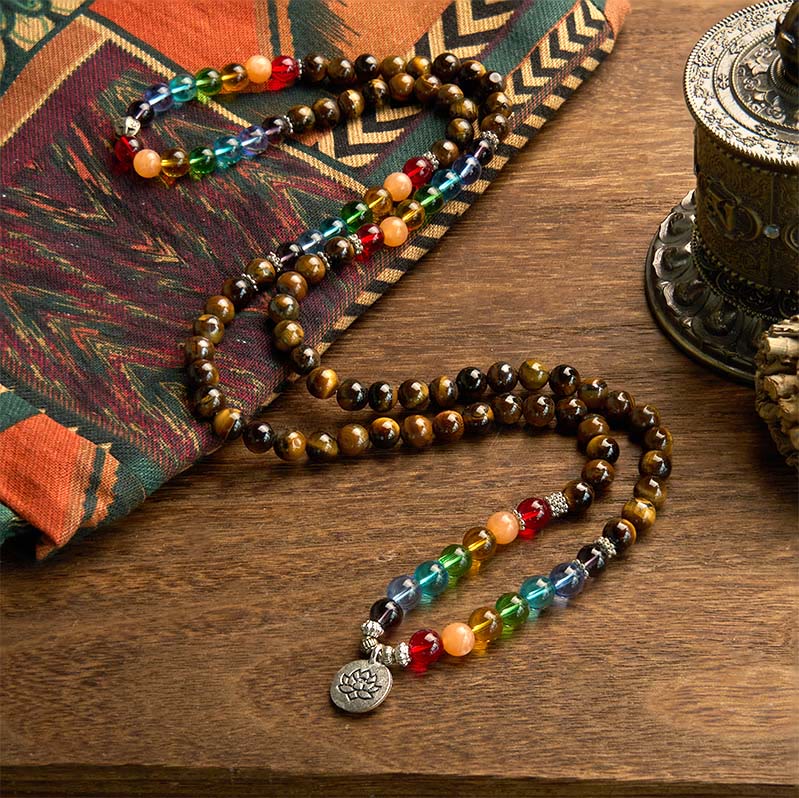 108 Mala Beads Natural Stone Tiger Eye Colored Beads Lotus Protection Bracelet