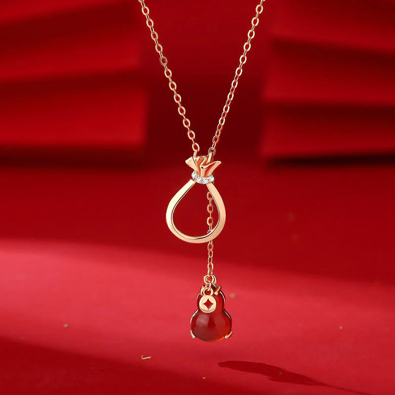 Red Agate Chalcedony 925 Sterling Silver Gourd Lucky Bag Confidence Necklace Pendant