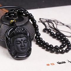 Natural Black Obsidian Bodhisattva Strength String Necklace Pendant