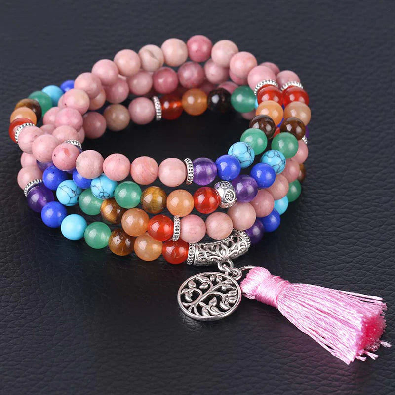 108 Mala Beads Rhodonite Blue Crystal Lazulite Healing Bracelet