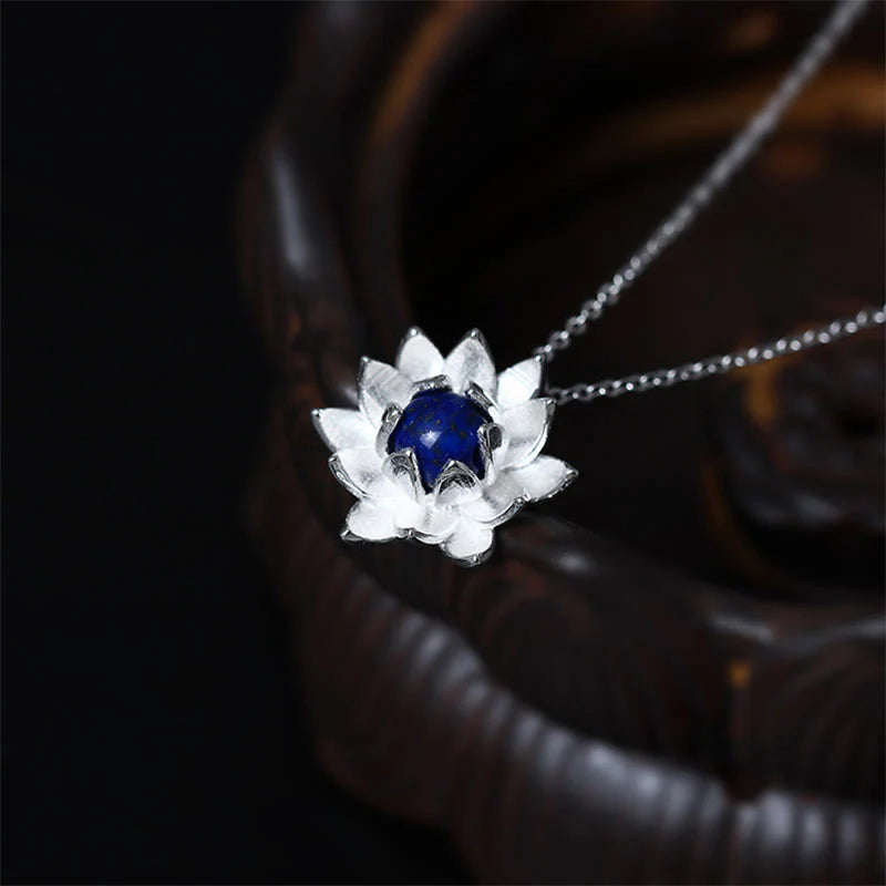925 Sterling Silver Lazurite Lotus Flower Necklace Pendant