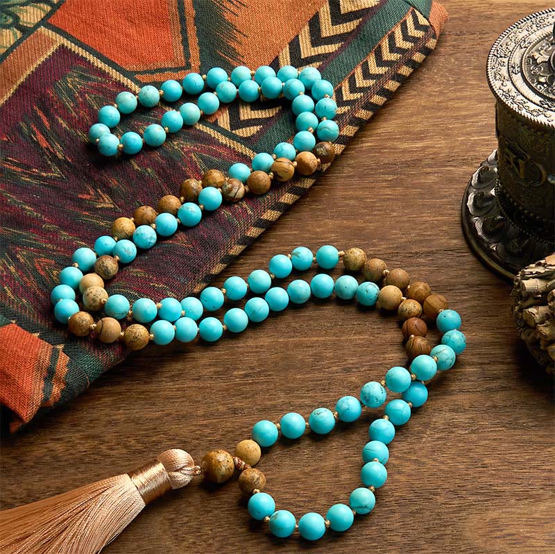 108 Mala Beads Turquoise Picture Jasper Bead Tassel Balance Bracelet