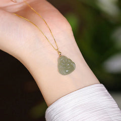 925 Sterling Silver Natural Cyan Hetian Jade Luck Laughing Buddha Butterfly Necklace Pendant