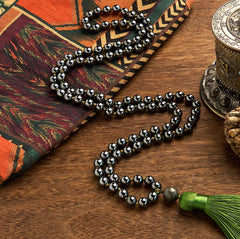 108 Mala Beads Natural Stone Hematite Tassel Bracelet