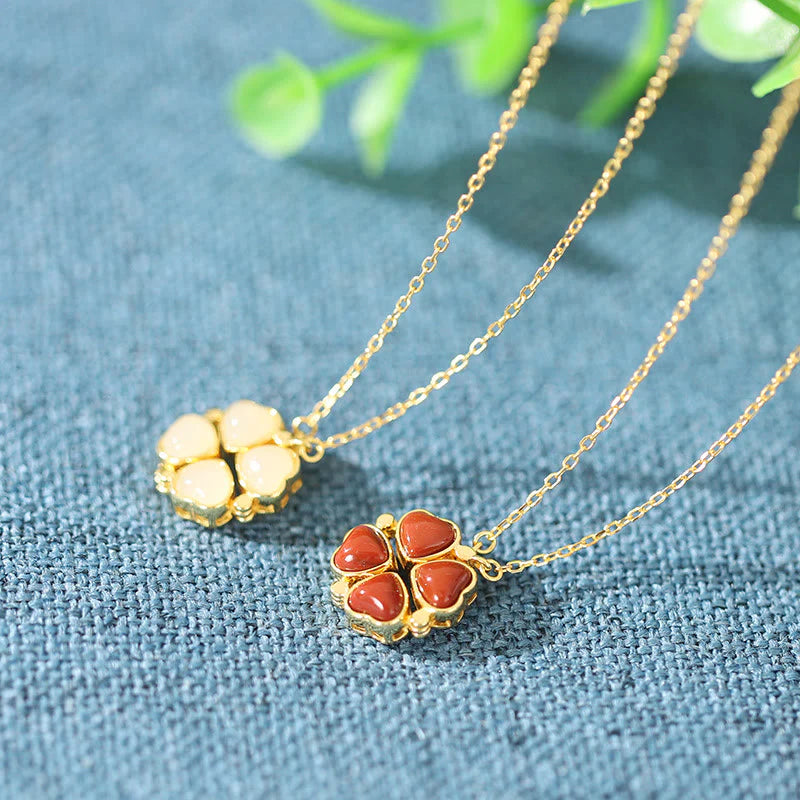 925 Sterling Silver Four Leaf Clover White Jade Red Agate Necklace Pendant