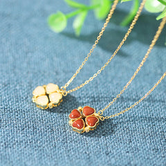 925 Sterling Silver Four Leaf Clover White Jade Red Agate Necklace Pendant