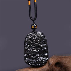 Black Obsidian Dragon Carved Luck Protection Necklace Pendant