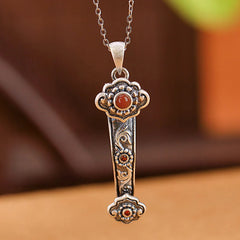 925 Sterling Silver Red Agate Cyan Jade Auspicious Clouds Ruyi Handle Blessing Necklace Pendant