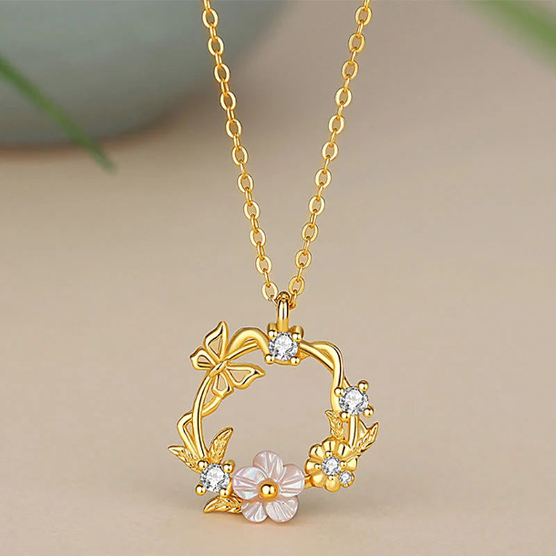 925 Sterling Silver Cubic Zirconia Shell Butterfly Flower Blessing Necklace Pendant