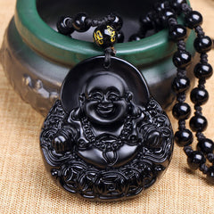 Laughing Buddha Black Obsidian Pendant Necklace for Strength and Protection