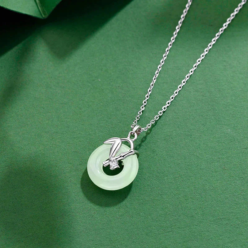 925 Sterling Silver Hetian Jade Bamboo Leaf Peace Buckle Prosperity Necklace Pendant