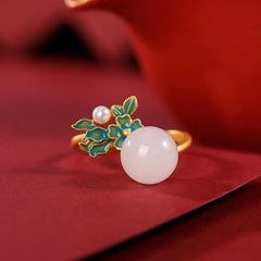 White Jade 925 Sterling Silver Pearl Flower Blessing Necklace Pendant Ring Earrings