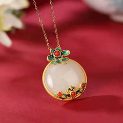 White Jade Red Agate Flower Luck Necklace Pendant