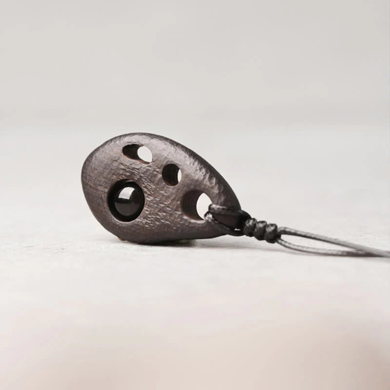 Ebony Wood Hollow Inlaid Obsidian Necklace Pendant for Peace and Calm