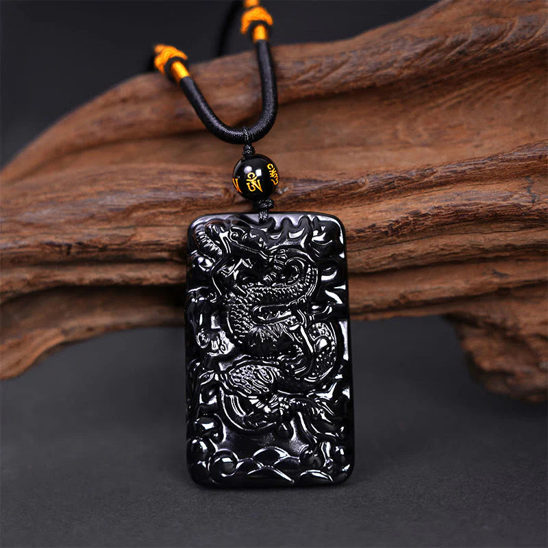 Natural Black Obsidian Rectangular Dragon Engraved Necklace Pendant
