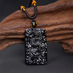 Natural Black Obsidian Rectangular Dragon Engraved Necklace Pendant