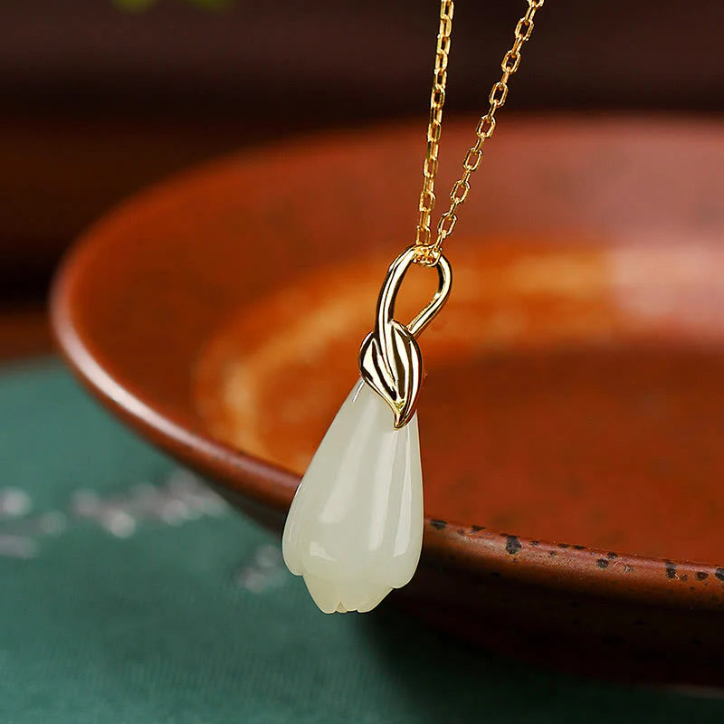 925 Sterling Silver Plated Gold Natural Hetian Jade Magnolia Flower Abundance Necklace Pendant