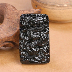Natural Black Obsidian Rectangular Dragon Engraved Necklace Pendant