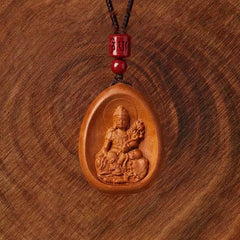 Peach Wood Cinnabar Om Mani Padme Hum Chinese Zodiac Black String Necklace Pendant