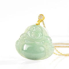 925 Sterling Silver Natural Jade Laughing Buddha Luck Prosperity Chain Necklace Pendant