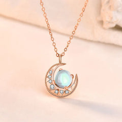 925 Sterling Silver Moonstone Moon Pattern Love Necklace Pendant