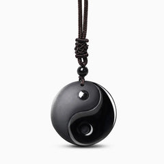 Black Obsidian Five Sacred Mountains Nine Character Mantra Carved Yin Yang Necklace Pendant