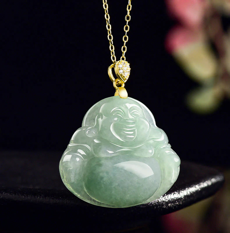 925 Sterling Silver Natural Jade Laughing Buddha Luck Prosperity Chain Necklace Pendant