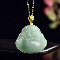 925 Sterling Silver Natural Jade Laughing Buddha Luck Prosperity Chain Necklace Pendant