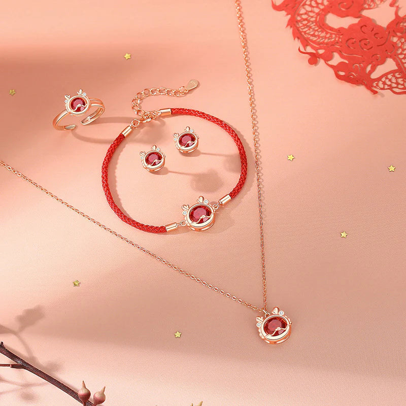 925 Sterling Silver Year of the Dragon Luck Red Zircon Jewelry Set (30% Off)