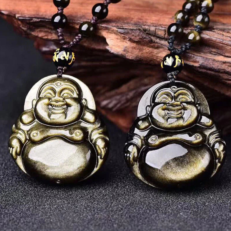 Laughing Buddha Gold Sheen Obsidian Wealth Necklace Pendant