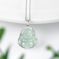 925 Sterling Silver Laughing Buddha Jade Luck Calm Necklace Pendant