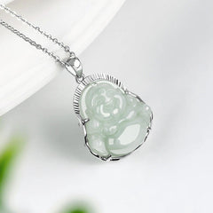 925 Sterling Silver Laughing Buddha Jade Luck Calm Necklace Pendant