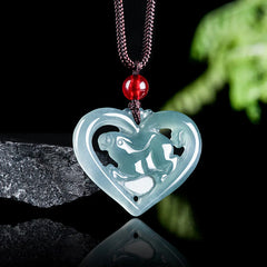 Natural Jade Heart - Shaped Rabbit Luck Necklace Pendant