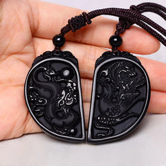 Black Obsidian Love Dragon Phoenix Protection Necklace Pendant