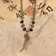 Tibetan Crystal Stone Copper Luck Tassel Necklace Pendant