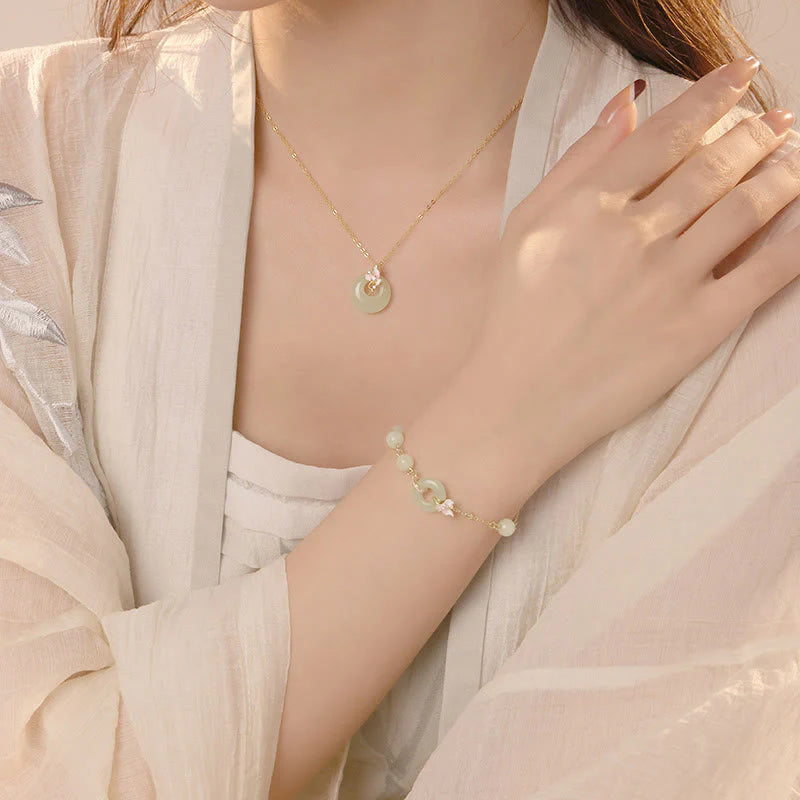 925 Sterling Silver Natural Hetian Jade Peace Buckle Orchid Luck Bracelet and Necklace Pendant Set