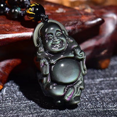 Rainbow Obsidian Laughing Buddha Inner Peace Necklace Pendant