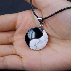 Natural Black Obsidian White Turquoise Yin Yang Rope Necklace Pendant