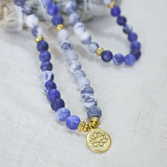 108 Natural Picasso Jasper & Blue Stone Mala Bead Lotus Pendant Bracelet