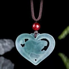 Natural Jade Heart - Shaped Rabbit Luck Necklace Pendant