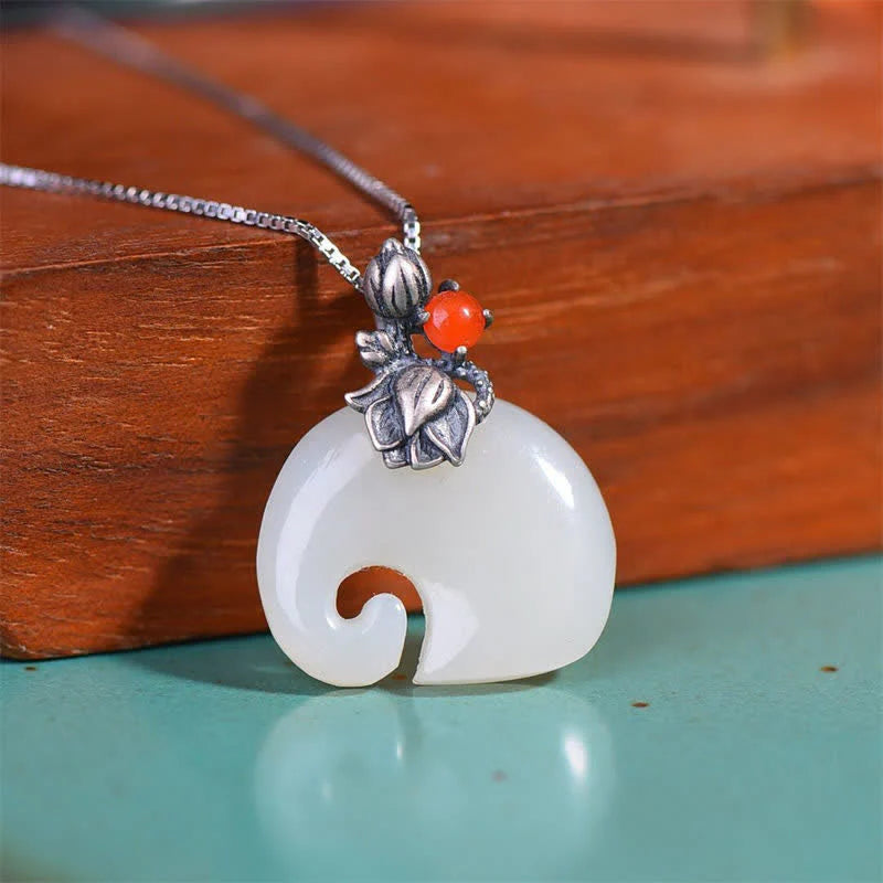 Renbeads White Jade Elephant Lotus Protection Necklace Pendant