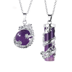 2pc Dragon Wrapped Round Ball Gemstone Couple Necklace Pendant