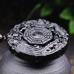 Bagua Dragon Phoenix Obsidian Fulfillment Pendant Necklace